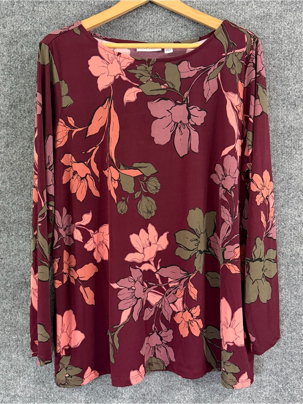 Susan Graver Womens Liquid Knit Floral Top Size XL Burgundy Ling Sleeve Office